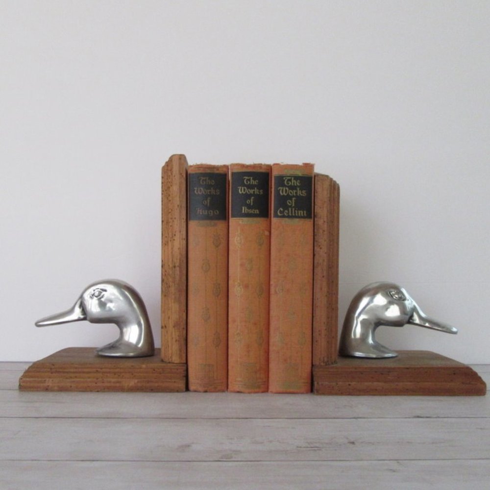 Silver & wood duck bookends - made in Mexico - Woodland - Hunting - Fathers Day